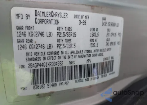 1999 Dodge Grand Caravan Se from USA, damaged, VIN 2B4GP44G1XR334592